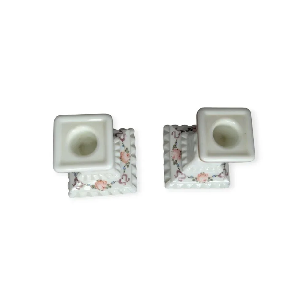 Vintage Westmoreland Milk Glass Floral Hand Painted Candle Holders Matching Pair